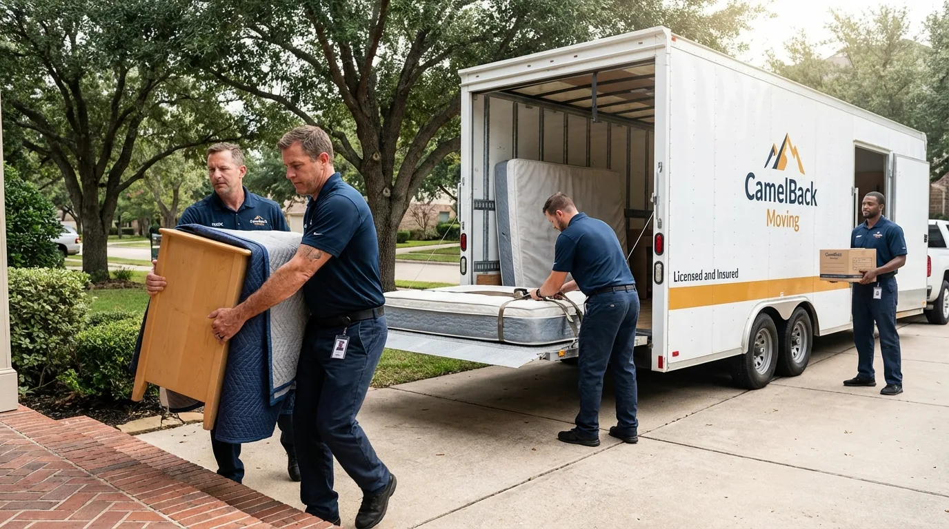 Crew loading residential truck for cross-state move from Plainville, KS