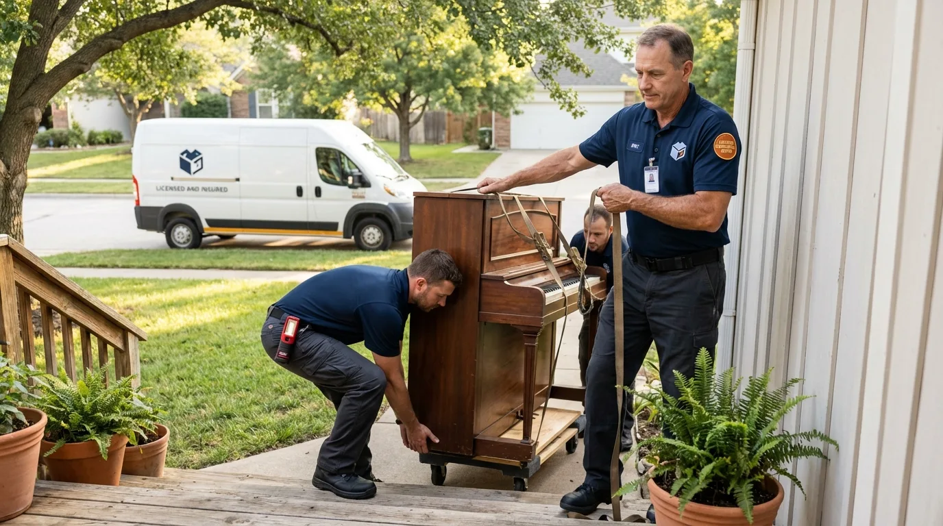 Licensed piano movers securing grand piano in Plainville, KS