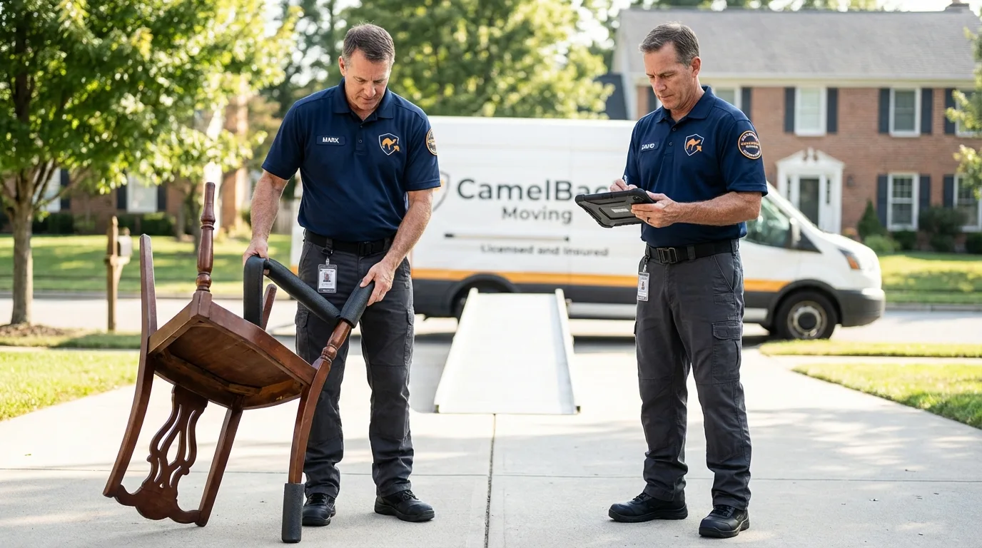 Movers inspecting furniture for damage prevention before loading in Plainville, KS
