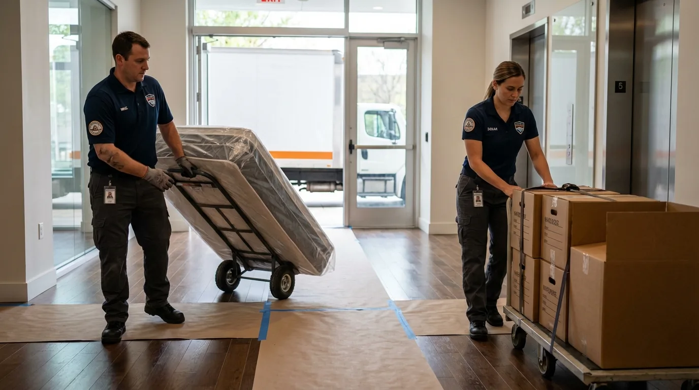 Professional apartment movers loading elevator in Plainville, KS